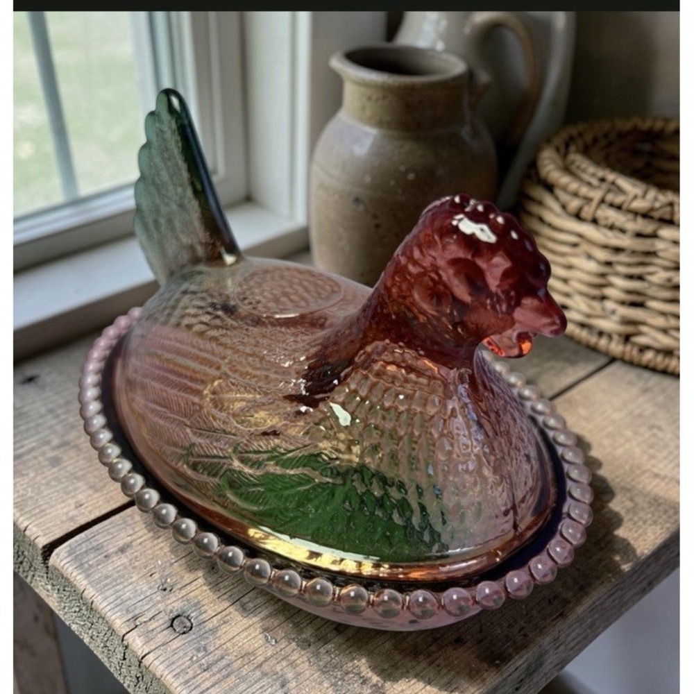 Multi Color Hen On Nest Covered Dish Small 5" Glass Chicken Farmhouse New